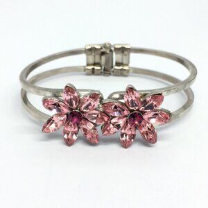 Vintage Rhinestone Flower Hinged Bangle Pink Crystal Floral Silver Tone Cuff